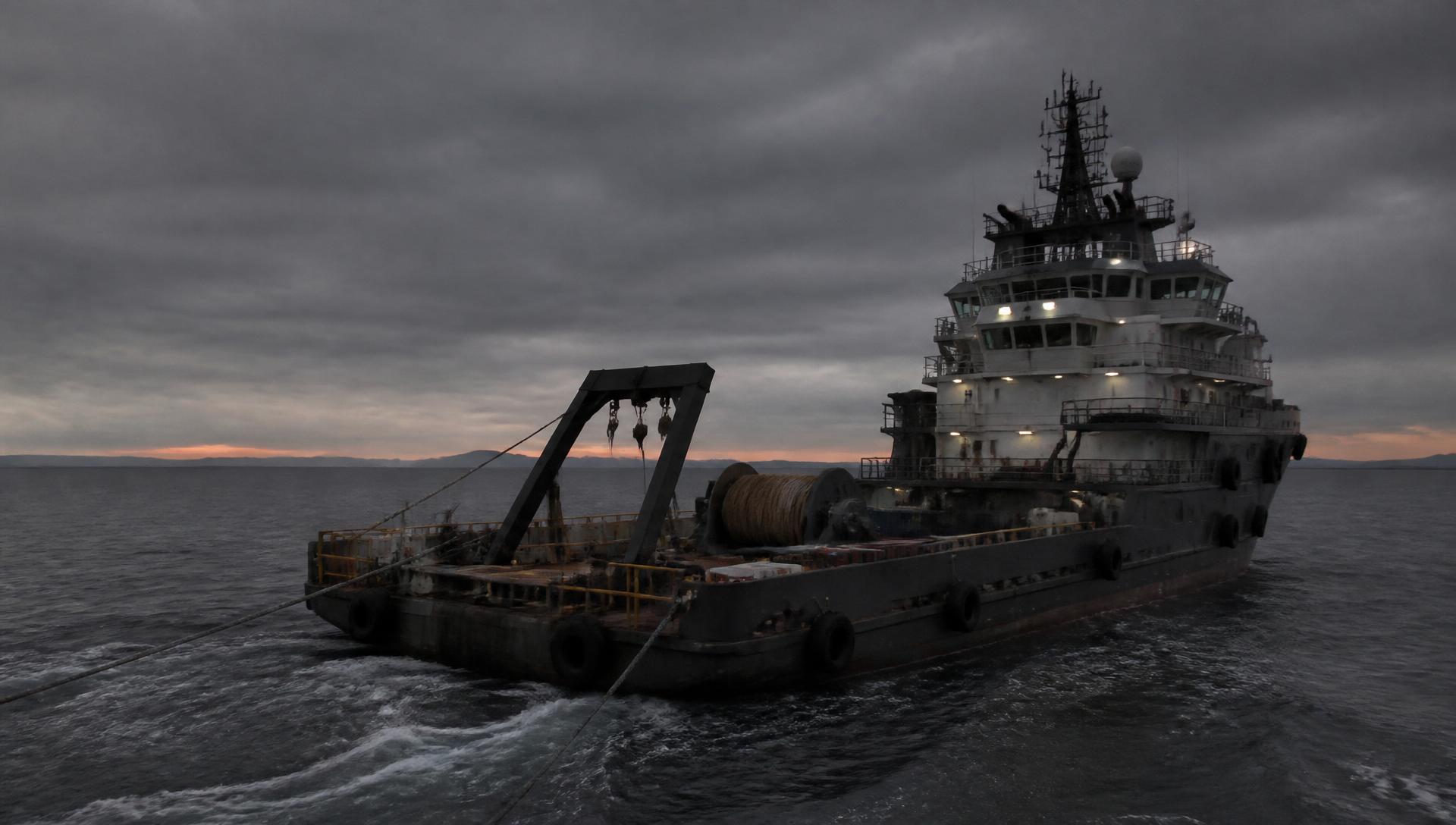 Cropped detail of an offshore support vessel's working aft deck